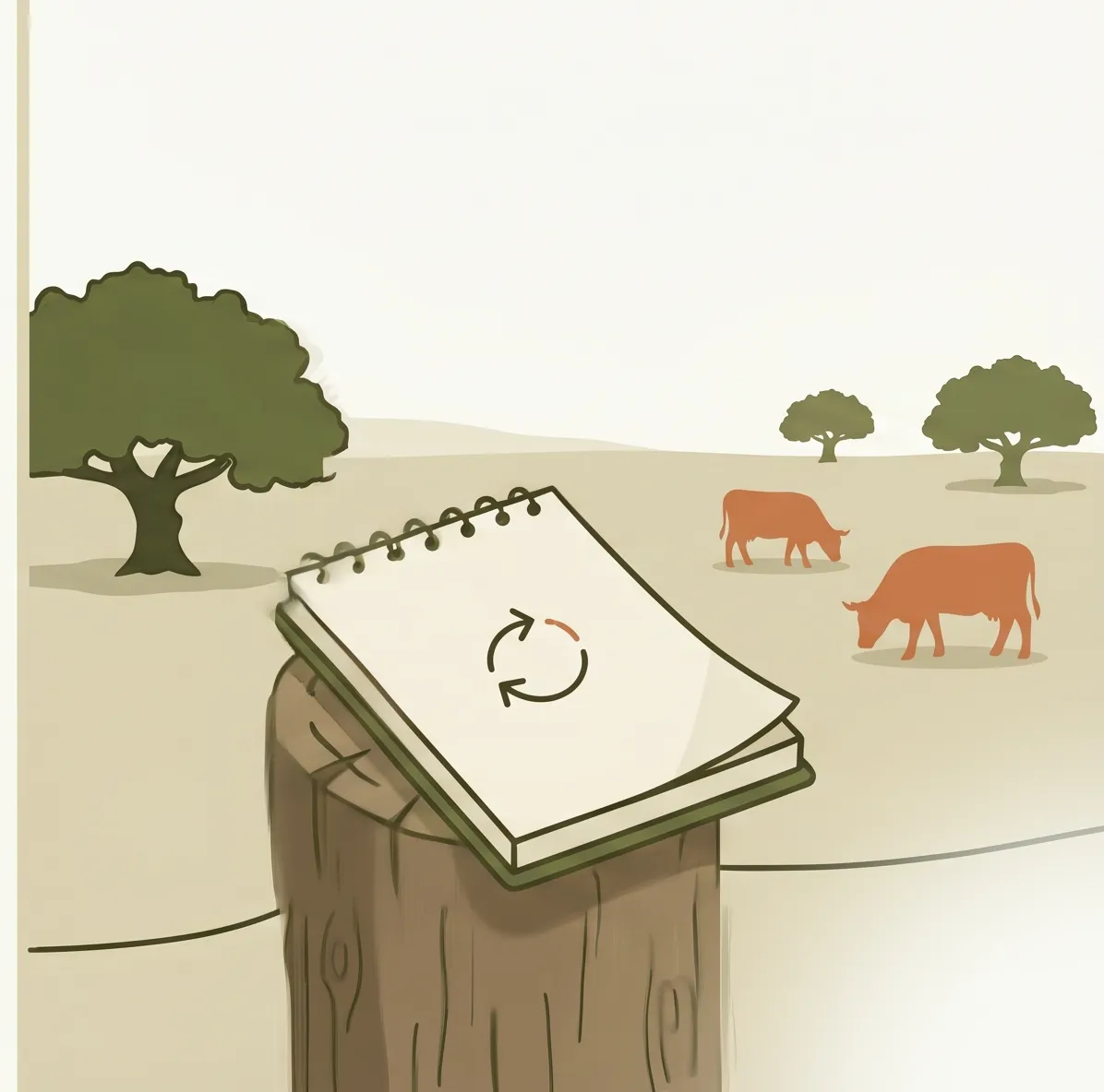 Cuaderno abierto sobre un poste en la dehesa con icono de sincronización pendiente, vacas pastando al fondo.